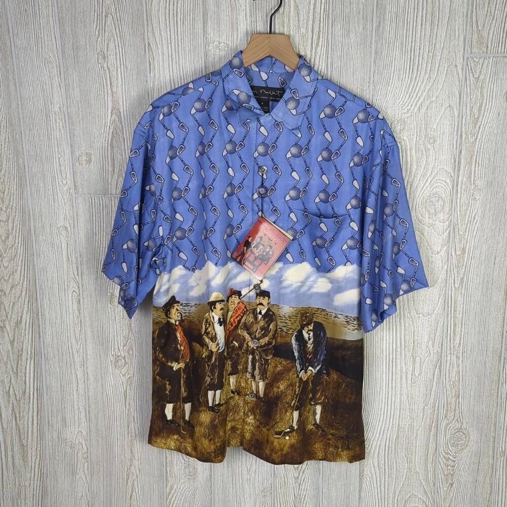Guy Buffet Mens Small Button Front 100% Silk Golf Theme Shirt Blue Brown NWT